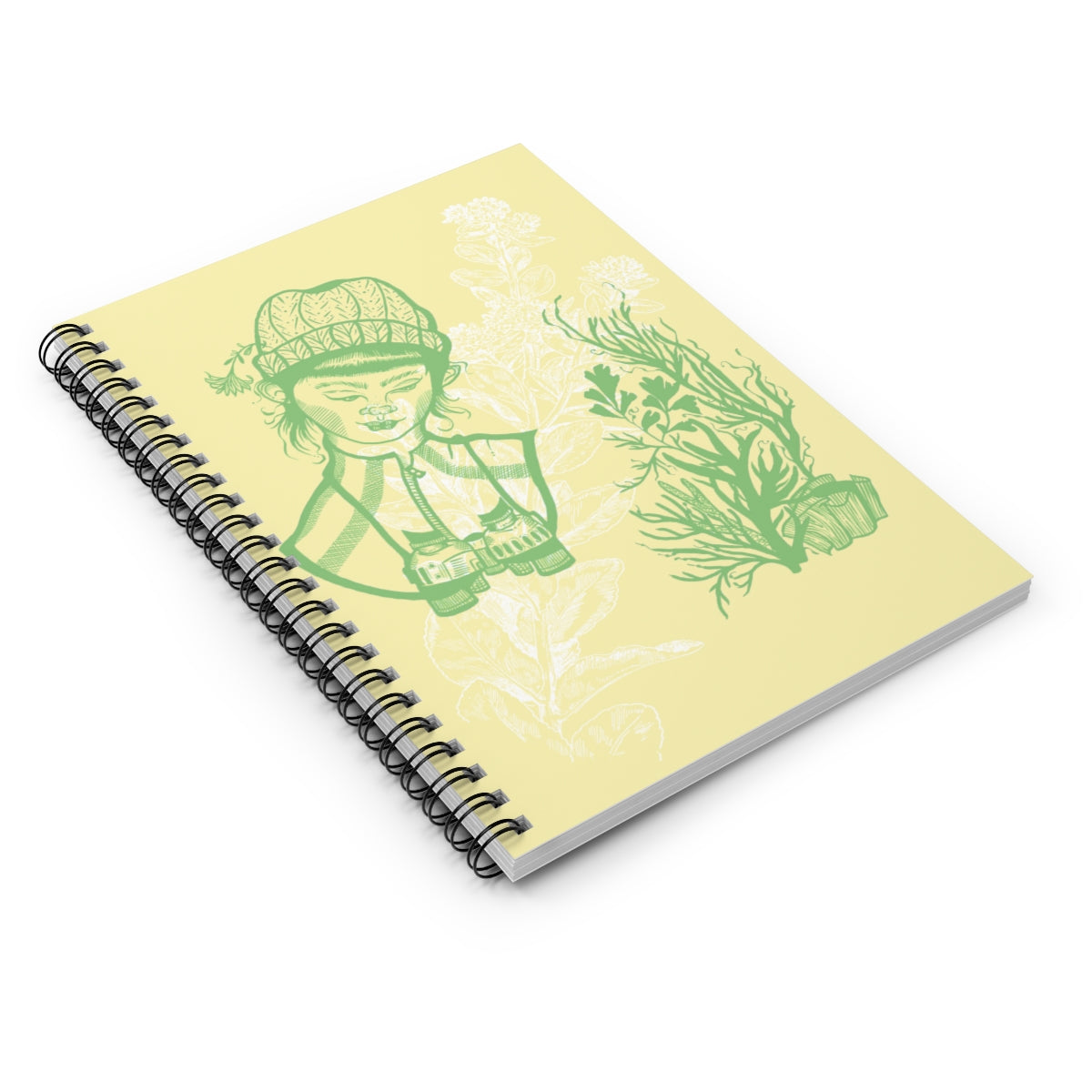 A female biologist with binoculars looks at plants sketched in green ink on a tan cover. The image is underlaid with a white flower watermark. The book is spiral bound. 